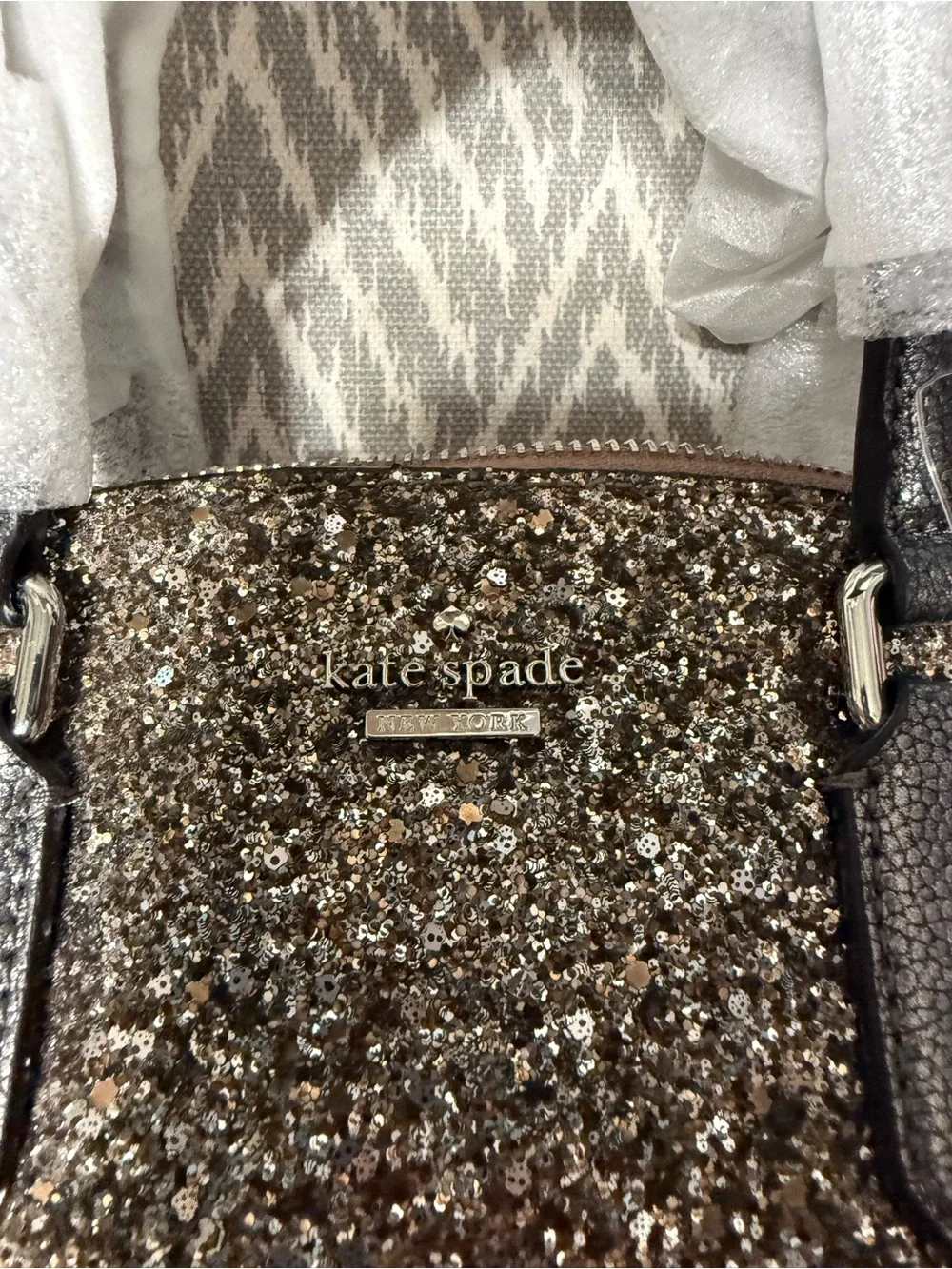 Kate Spade Mini Riley Laurel Way Glitter Gunmetal NWT and wrapping